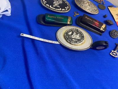 BOY SCOUTS CARD & PIN, BELT BUCKLES, TIE CLIPS, MILITARY MEDAL AND MORE