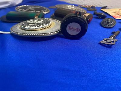 BOY SCOUTS CARD & PIN, BELT BUCKLES, TIE CLIPS, MILITARY MEDAL AND MORE
