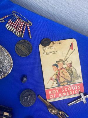 BOY SCOUTS CARD & PIN, BELT BUCKLES, TIE CLIPS, MILITARY MEDAL AND MORE