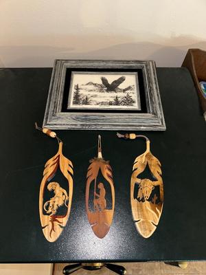 SCRIMSHAW STYLE PICTURE W/3 WOOD CARVINGS