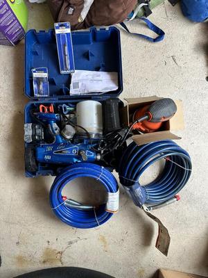 GRACO PRO SHOT PAINT SPRAY GUN, AIR HOSES, PALM SANDER AND MORE
