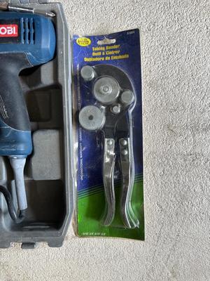 RYOBI DRILL IN CASE, DRILL BITS & TUBING PIPE BENDER