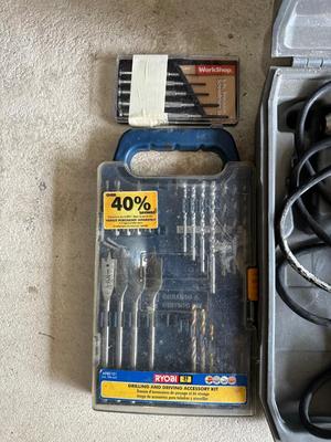RYOBI DRILL IN CASE, DRILL BITS & TUBING PIPE BENDER