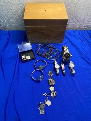 A BOX OF GOOD WATCHES AND OTHER JEWELRY