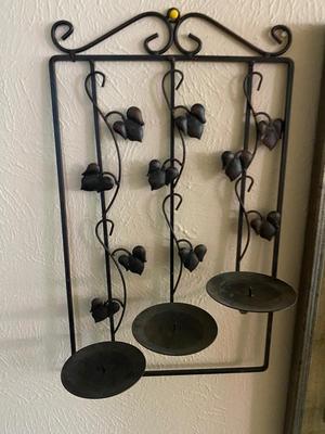 2 FRAMED PICTURES AND A TRIPLE CANDLE SCONCE