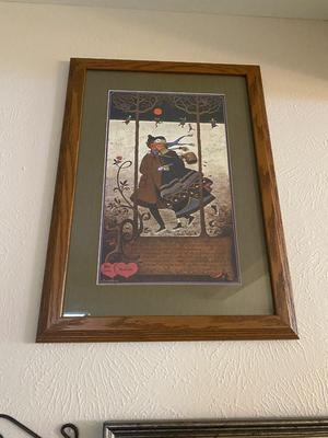 2 FRAMED PICTURES AND A TRIPLE CANDLE SCONCE