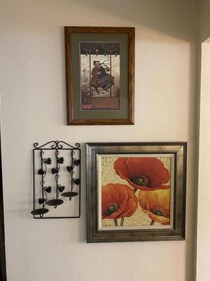 2 FRAMED PICTURES AND A TRIPLE CANDLE SCONCE