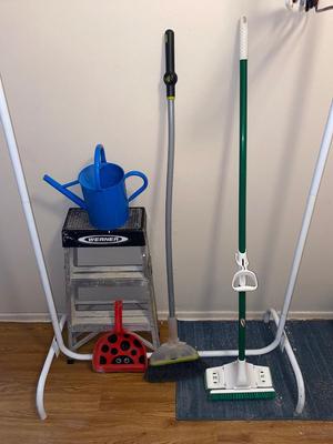 STEP LADDER, GARMENT RACK, MOP, BROOM, DUST PAN AND WATER CAN