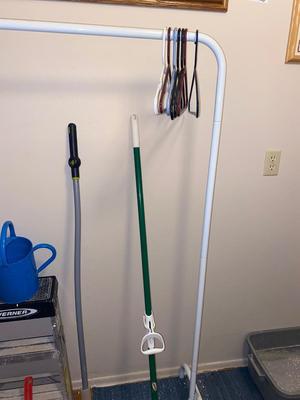 STEP LADDER, GARMENT RACK, MOP, BROOM, DUST PAN AND WATER CAN