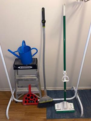 STEP LADDER, GARMENT RACK, MOP, BROOM, DUST PAN AND WATER CAN