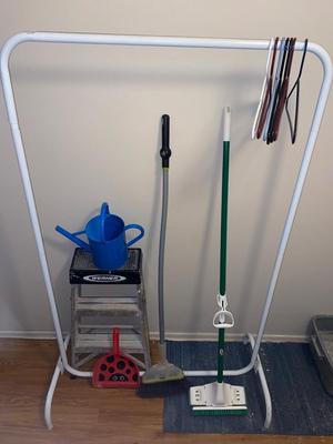 STEP LADDER, GARMENT RACK, MOP, BROOM, DUST PAN AND WATER CAN