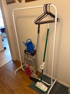 STEP LADDER, GARMENT RACK, MOP, BROOM, DUST PAN AND WATER CAN