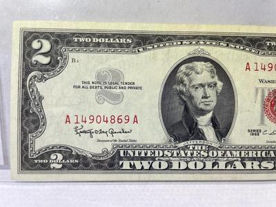 Series of 1963 $2 Dollar Bill-U.S. Red Seal-Low Serial #A14904869A Nice AU/Uncirculated Circulated Condition as Pictured.