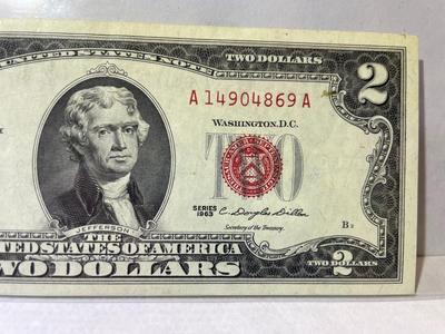 Series of 1963 $2 Dollar Bill-U.S. Red Seal-Low Serial #A14904869A Nice AU/Uncirculated Circulated Condition as Pictured.
