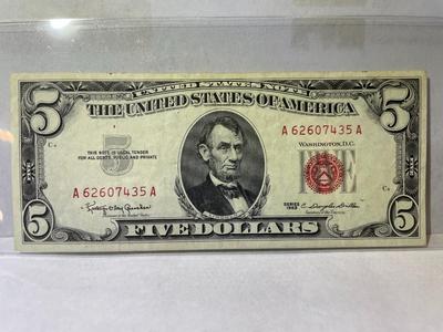 Series 1963 $5 Red Seal US Legal Tender Note EF/AU Condition Serial #A62607435A as Pictured.