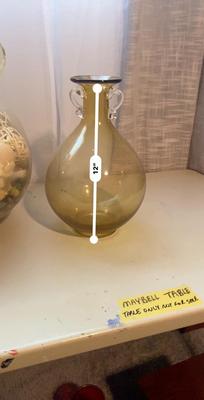 LARGE AMBER COLORED GLASS BOTTLE AND PITCHER