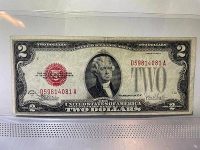 Series of 1928-F VG Condition $2 Red Seal US Note Serial #D59814081A as Pictured.