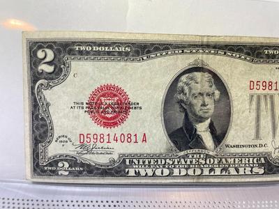 Series of 1928-F VG Condition $2 Red Seal US Note Serial #D59814081A as Pictured.