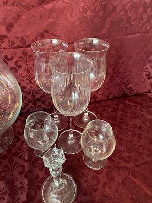 BRANDY SNIFTERS, LARGE & SMALL WINE GLASSES AND CRYSTAL CANDLE HOLDERS