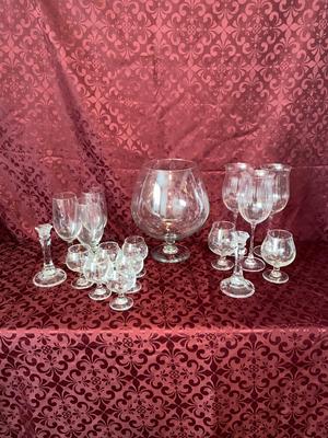BRANDY SNIFTERS, LARGE & SMALL WINE GLASSES AND CRYSTAL CANDLE HOLDERS
