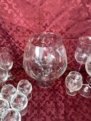 BRANDY SNIFTERS, LARGE & SMALL WINE GLASSES AND CRYSTAL CANDLE HOLDERS