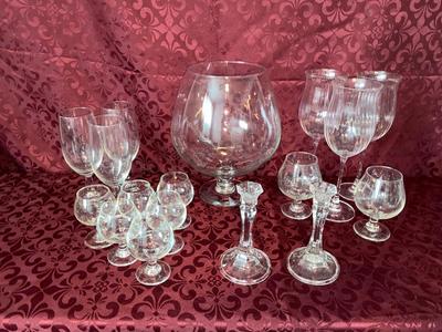 BRANDY SNIFTERS, LARGE & SMALL WINE GLASSES AND CRYSTAL CANDLE HOLDERS