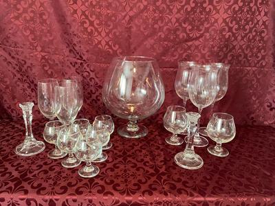 BRANDY SNIFTERS, LARGE & SMALL WINE GLASSES AND CRYSTAL CANDLE HOLDERS