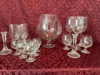 BRANDY SNIFTERS, LARGE & SMALL WINE GLASSES AND CRYSTAL CANDLE HOLDERS