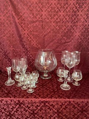BRANDY SNIFTERS, LARGE & SMALL WINE GLASSES AND CRYSTAL CANDLE HOLDERS