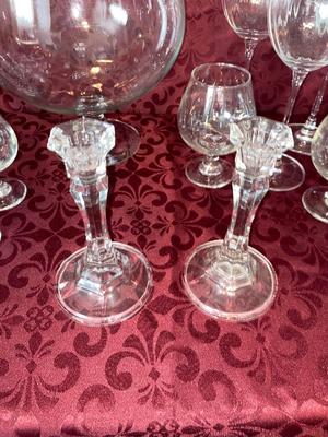 BRANDY SNIFTERS, LARGE & SMALL WINE GLASSES AND CRYSTAL CANDLE HOLDERS