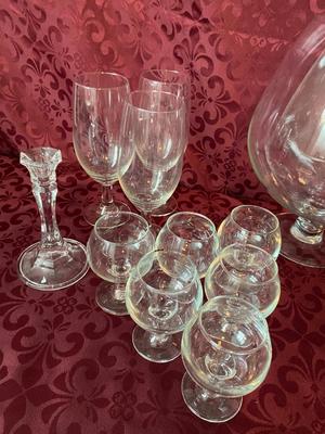 BRANDY SNIFTERS, LARGE & SMALL WINE GLASSES AND CRYSTAL CANDLE HOLDERS