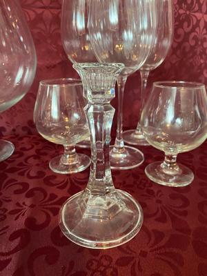 BRANDY SNIFTERS, LARGE & SMALL WINE GLASSES AND CRYSTAL CANDLE HOLDERS