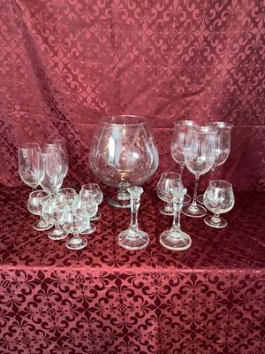 BRANDY SNIFTERS, LARGE & SMALL WINE GLASSES AND CRYSTAL CANDLE HOLDERS