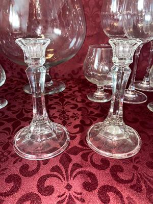 BRANDY SNIFTERS, LARGE & SMALL WINE GLASSES AND CRYSTAL CANDLE HOLDERS