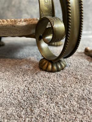 BEAUTIFUL GLASS STONE AND IRON END TABLE WITH FLOOR STANDING CANDLE HOLDERS