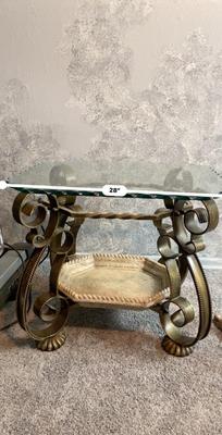BEAUTIFUL GLASS STONE AND IRON END TABLE WITH FLOOR STANDING CANDLE HOLDERS