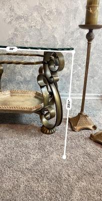 BEAUTIFUL GLASS STONE AND IRON END TABLE WITH FLOOR STANDING CANDLE HOLDERS
