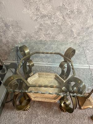 BEAUTIFUL GLASS STONE AND IRON END TABLE WITH FLOOR STANDING CANDLE HOLDERS