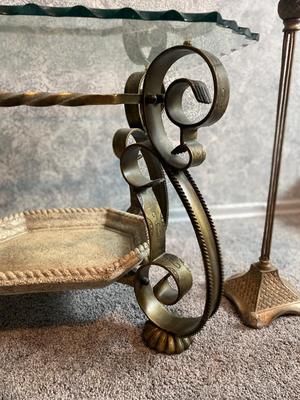 BEAUTIFUL GLASS STONE AND IRON END TABLE WITH FLOOR STANDING CANDLE HOLDERS