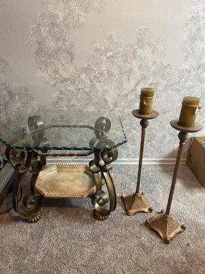 BEAUTIFUL GLASS STONE AND IRON END TABLE WITH FLOOR STANDING CANDLE HOLDERS