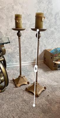 BEAUTIFUL GLASS STONE AND IRON END TABLE WITH FLOOR STANDING CANDLE HOLDERS