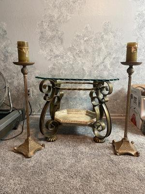 BEAUTIFUL GLASS STONE AND IRON END TABLE WITH FLOOR STANDING CANDLE HOLDERS