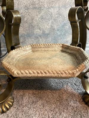 BEAUTIFUL GLASS STONE AND IRON END TABLE WITH FLOOR STANDING CANDLE HOLDERS