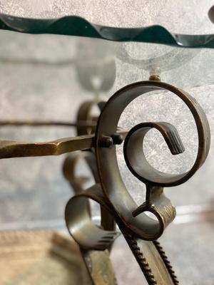 BEAUTIFUL GLASS STONE AND IRON END TABLE WITH FLOOR STANDING CANDLE HOLDERS