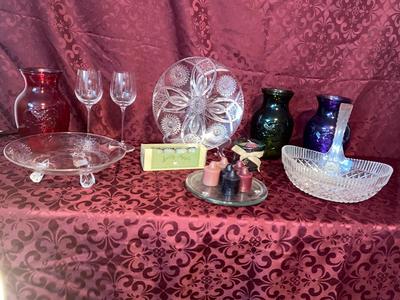 MIKASA GLASS BASKET, CANDLES, VINTAGE GLASS ITEMS AND MORE
