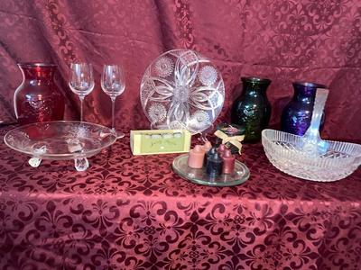 MIKASA GLASS BASKET, CANDLES, VINTAGE GLASS ITEMS AND MORE