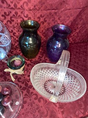 MIKASA GLASS BASKET, CANDLES, VINTAGE GLASS ITEMS AND MORE