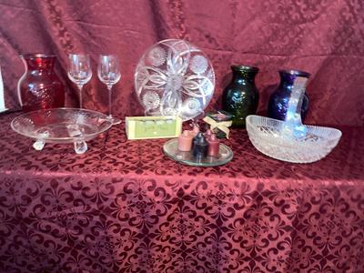 MIKASA GLASS BASKET, CANDLES, VINTAGE GLASS ITEMS AND MORE