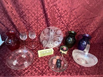 MIKASA GLASS BASKET, CANDLES, VINTAGE GLASS ITEMS AND MORE