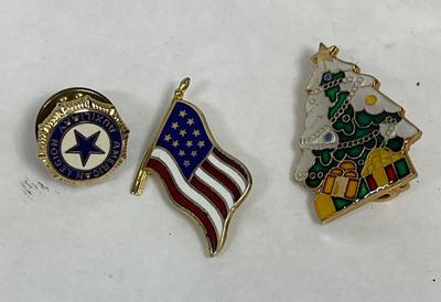 Lot of three Pins: American Legion Auxiliary, American Flag, Christmas Tree